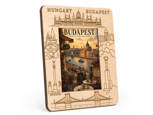 Gravírozott Fa Képkeret Budapest Képpel - Duna-parti Kávéházi Hangulat - Hungary Szuvenír