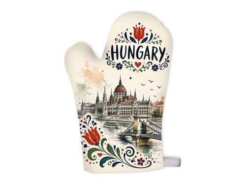(FK083) Hungary főzőkesztyű Parlament és Lánchíd Kalocsais mintával – Magyar szuvenír