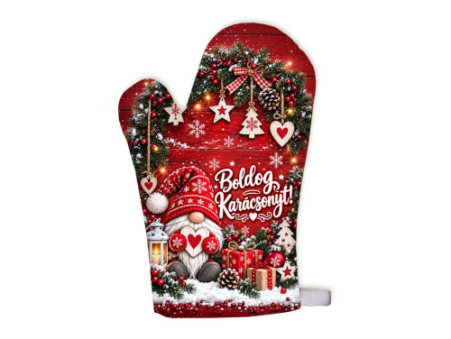 (FK085) Karácsonyi Főzőkesztyű - Boldog Karácsonyt! Gnóm Manós Piros Mintával