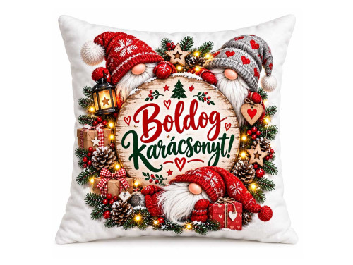 (NNP219) Karácsonyi Nagy Plüss Párna 45x45cm - Boldog Karácsonyt! Fehér Gnóm Manós Mintával