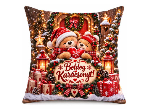 (NNP220) Karácsonyi Nagy Plüss Párna 45x45cm - Boldog Karácsonyt! Macipáros Mintával