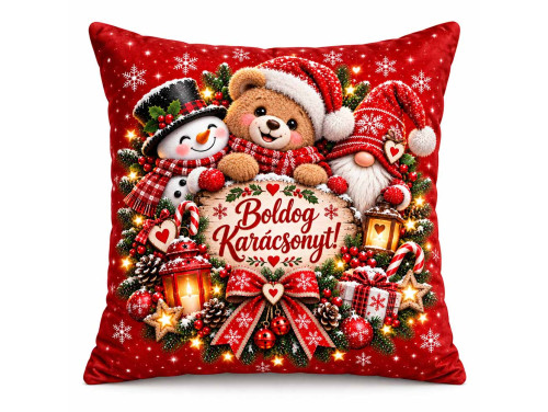 (NNP221) Karácsonyi Nagy Plüss Párna 45x45cm - Boldog Karácsonyt! Hóember, Maci és Gnóm Manós Mintával
