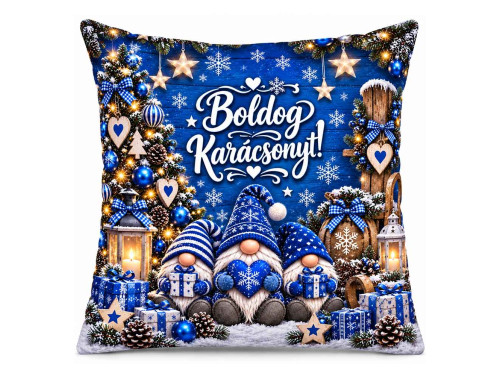 (NNP222) Karácsonyi Nagy Plüss Párna 45x45cm - Boldog Karácsonyt! Kék Három Gnóm Manós Mintával