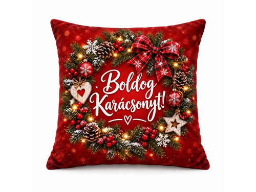 (NNP227) Karácsonyi Nagy Plüss Párna 45x45cm - Boldog Karácsonyt! Piros Ünnepi Mintával