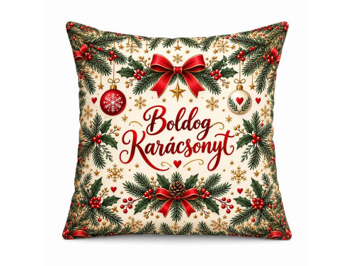 (NNP228) Karácsonyi Nagy Plüss Párna 45x45cm - Boldog Karácsonyt! Világos Ünnepi Mintával