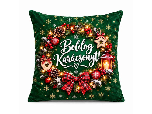 (NNP229) Karácsonyi Nagy Plüss Párna 45x45cm - Boldog Karácsonyt! Zöld Ünnepi Mintával